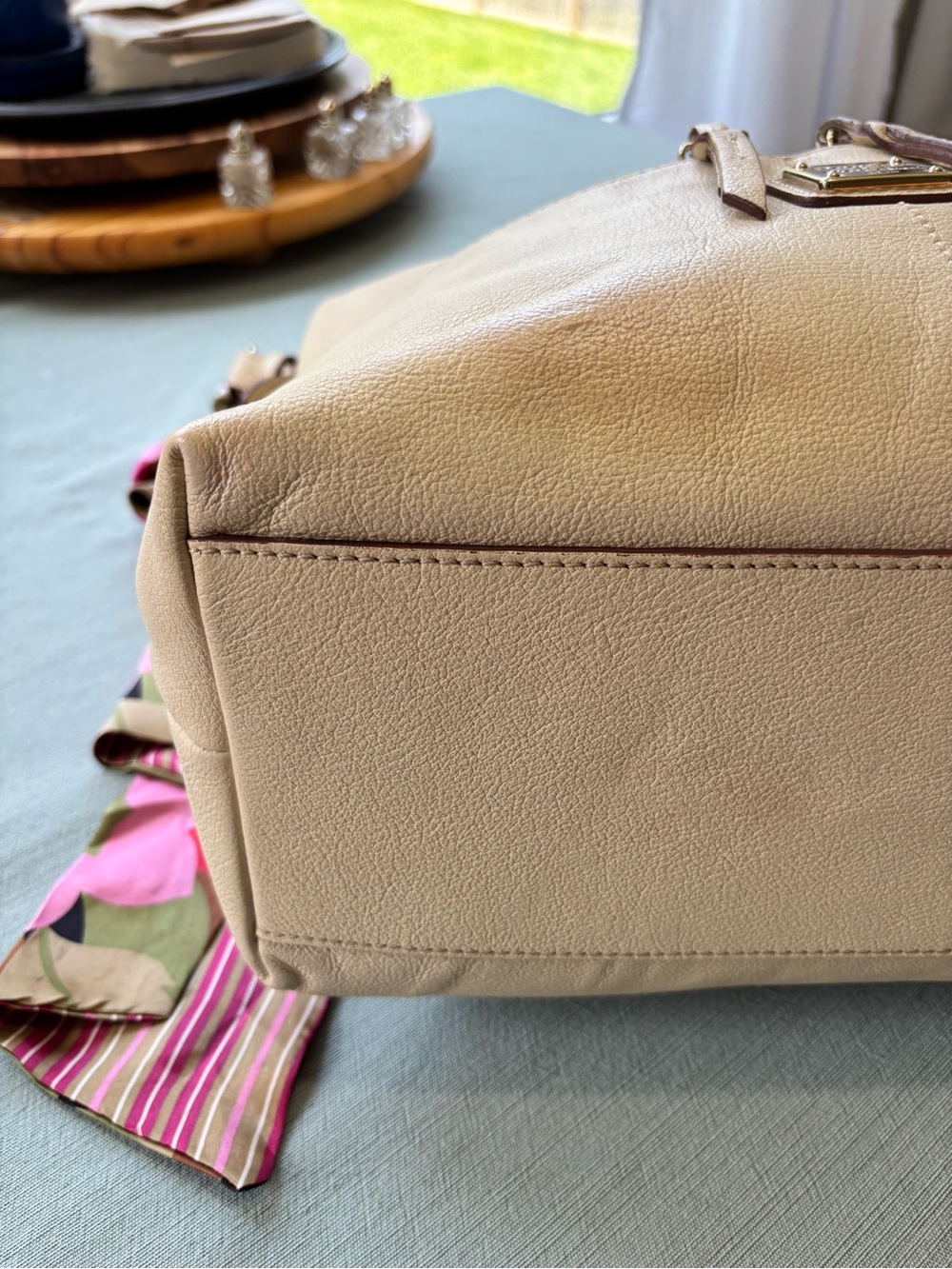 Dooney & Bourke Ecru Cream Pebbled Leather Shoulder Hobo with Colorful Scarf - Picture 6 of 16